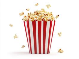 Freshly popped popcorn in a classic striped container photo