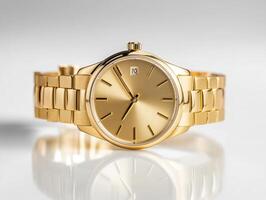 Elegant gold wristwatch with a sleek design displayed on a surface photo