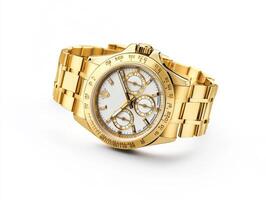 Luxurious gold watch with white dial displayed on a pedestal photo