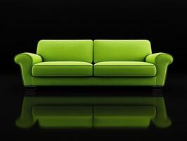 Bright green sofa against a sleek black background photo