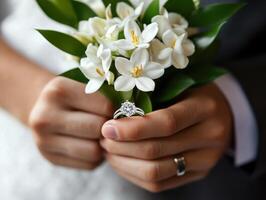 Hands holding a bouquet with white flowers and an engagement ring photo