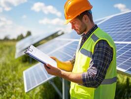 Solar technician checks energy efficiency in afternoon sun photo