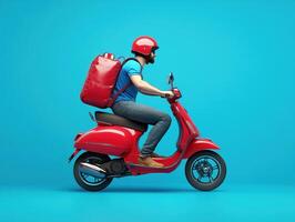 Rider on a red scooter with a backpack against a blue background photo