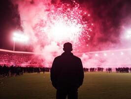 Spectators enjoy fireworks display at night sports event photo