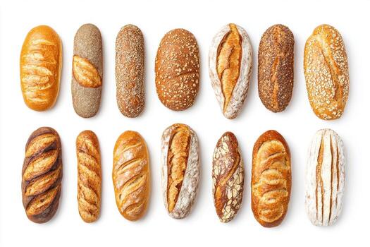 Selection of various artisan bread loaves arranged neatly photo
