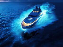 Luxury yacht cruising through illuminated waters at night photo