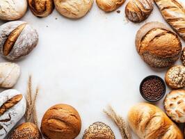 Artisan breads arranged creatively on a light background photo