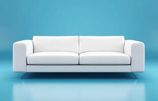 White sofa on a vibrant blue backdrop in a minimalist space photo