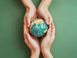 Hands holding a miniature globe on green background for unity photo