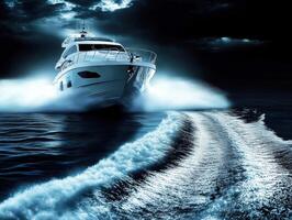 Luxury yacht navigates turbulent waters at night with vibrant wake photo