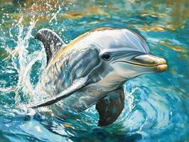 Dolphin leaps gracefully into clear blue water photo