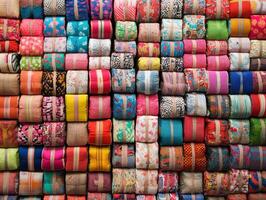 Colorful fabric rolls displayed in a vibrant market setting photo