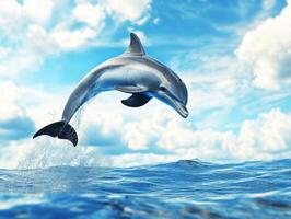 Dolphin leaps out of ocean water against a bright blue sky photo