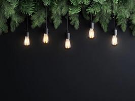 Decorative string lights hanging among green pine branches indoors photo
