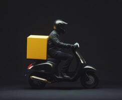 Delivery rider on scooter with yellow package in dark setting photo
