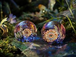 Glass spheres reflecting floral patterns in a garden setting photo