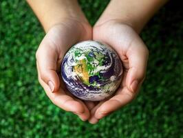 Protecting the planet with hands holding a small globe photo