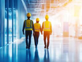 Construction team walks through modern industrial building photo