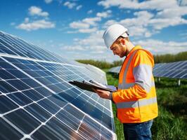 Solar panel technician inspects solar installation during the day photo