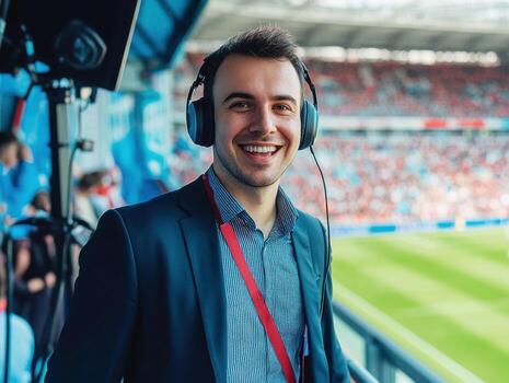 Sport commentator smiling at stadium before live event photo