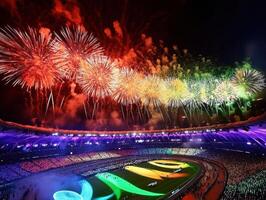 Spectacular fireworks display at nighttime stadium event celebration photo