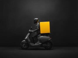 Delivery rider on scooter with yellow box in dark setting photo