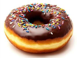 Chocolate donut with colorful sprinkles on white photo