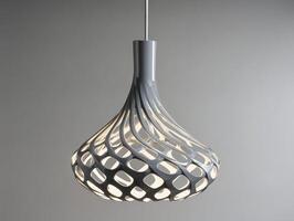 Modern pendant light with intricate design and warm glow photo