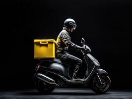 Delivery rider on scooter prepared for service in dark setting photo