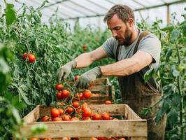 Man harvests ripe tomatoes in greenhouse during sunny day photo