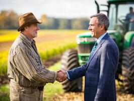 Farmers and representatives shake hands in rural setting photo