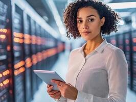 Tech professional monitors data in modern server room photo