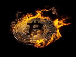 Cryptocurrency coin surrounded by flames creating a dramatic effect photo