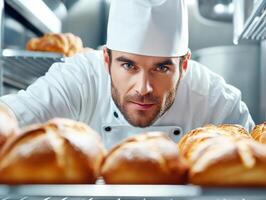 Baker preparing fresh pastries in a bustling kitchen setting photo