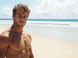 Young man enjoys sunny beach day by the ocean waves photo