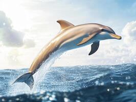 Dolphin leaps joyfully above ocean waves in bright sunlight photo