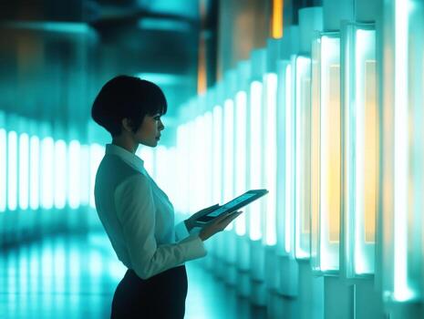 Woman interacting with digital panels in a modern illuminated corridor photo