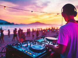 Sunset beach party with DJ playing music to lively crowd photo