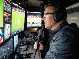 Sports commentator provides live analysis during soccer match photo