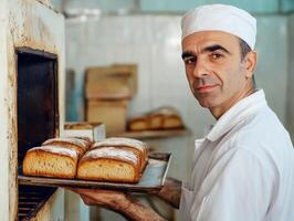 Baker holding freshly baked bread in a traditional bakery photo