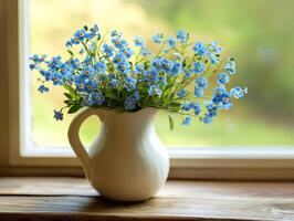 Vibrant blue flowers in a vase by a sunny window photo