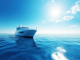 Luxury yacht sailing on calm blue waters under sunny sky photo