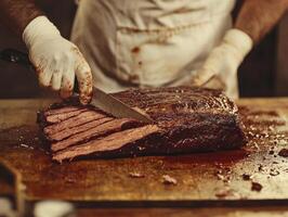 Expert butcher slices tender brisket on wooden board photo