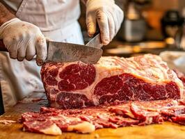 Expert butcher skillfully prepares fresh meat for cooking photo