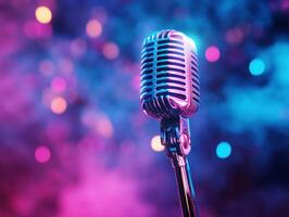 Classic microphone with colorful bokeh background during performance photo