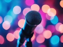Colorful microphone shining in vibrant party atmosphere photo