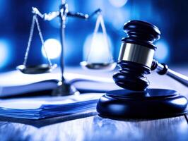 Legal symbols in focus with scales and gavel on a desk photo