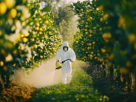 Worker sprays citrus trees in orchard during sunny afternoon photo
