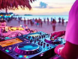 DJ spinning tracks during sunset at a beach party event photo