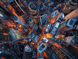 City skyline illuminated at night with glowing skyscrapers photo
